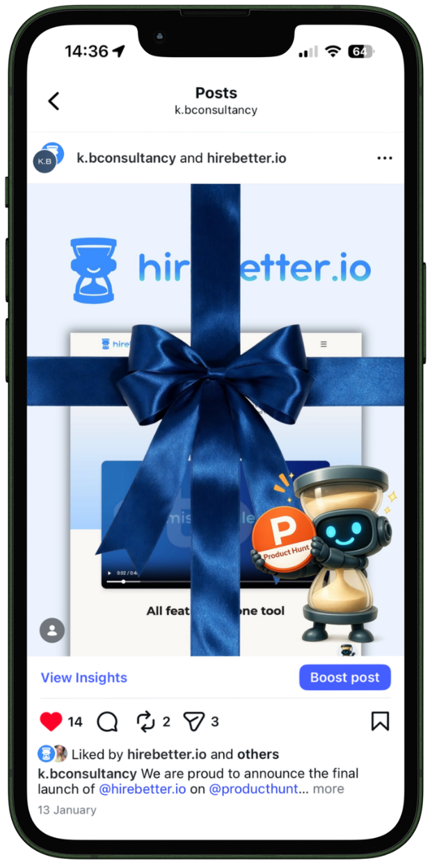 hirebetter.io launch announcement post on instagram
