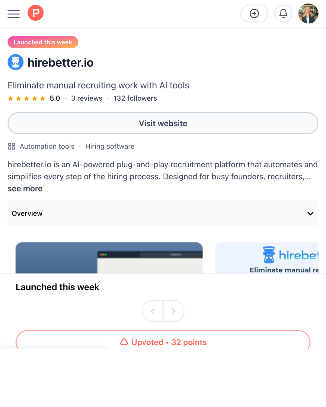 hirebetter.io product hunt launch page — #19, 36 points, 12 comments
