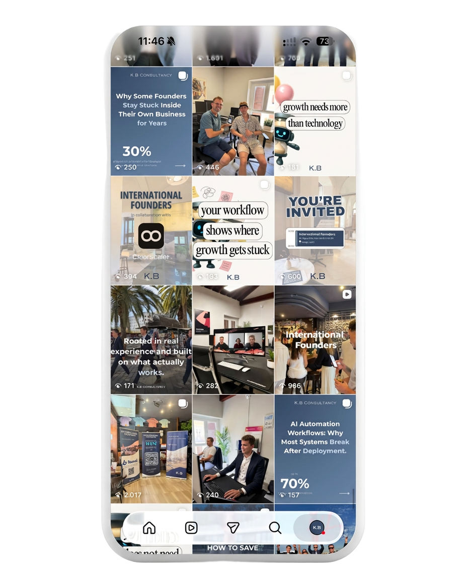 k.b consultancy instagram feed on a phone — first posts