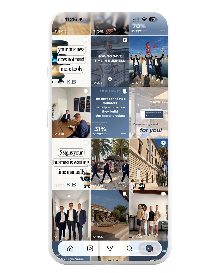 k.b consultancy instagram feed on a phone — next posts