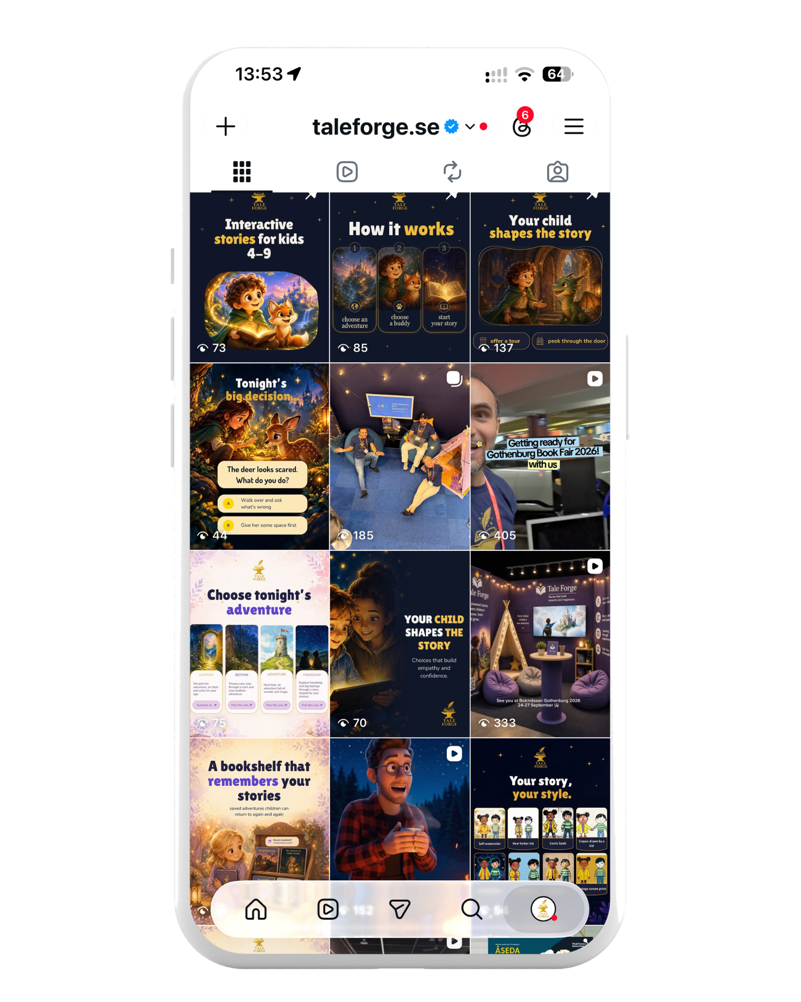taleforge.se instagram feed — interactive stories, how it works and book fair content
