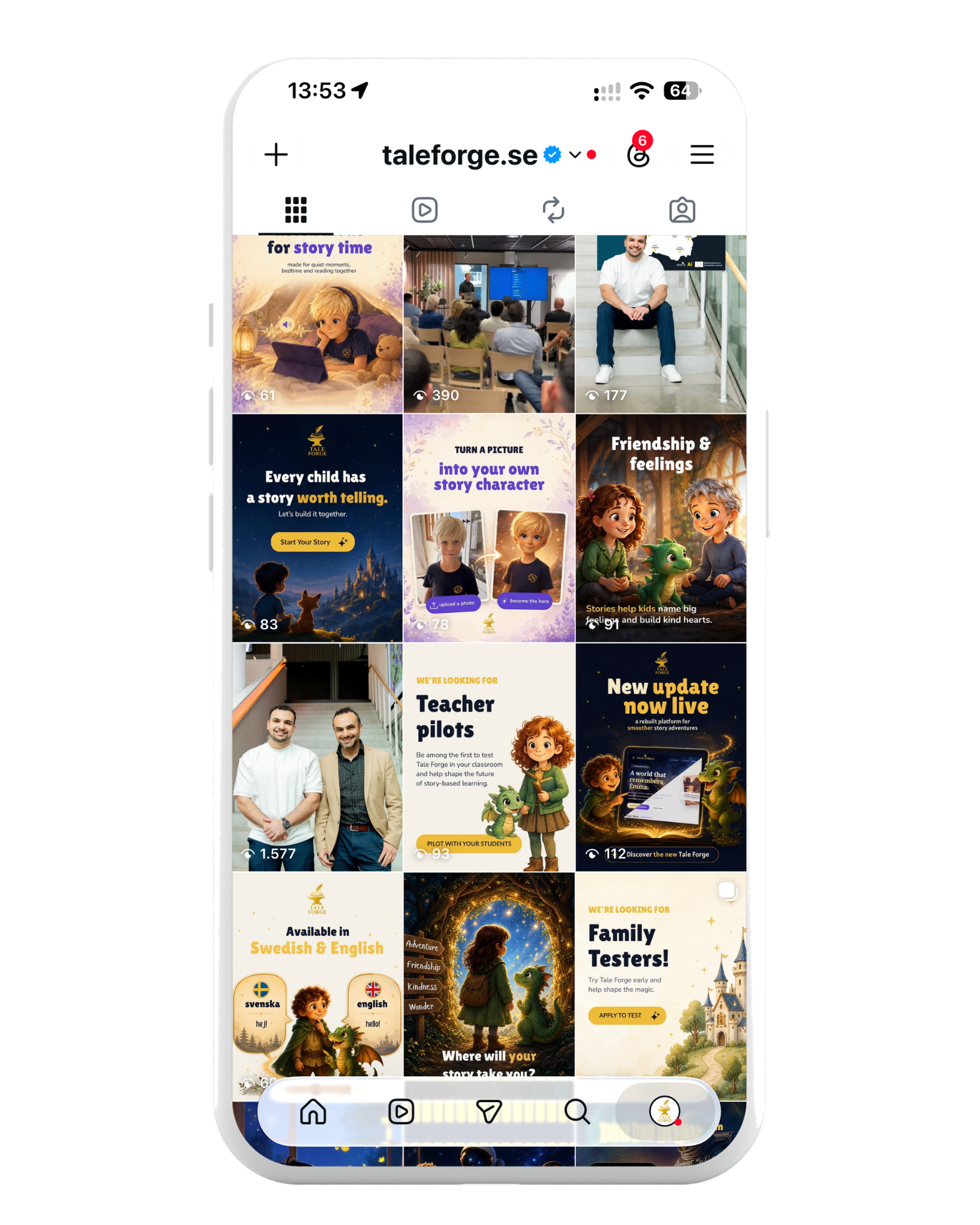 taleforge.se instagram feed — story characters, teacher pilots and family testers